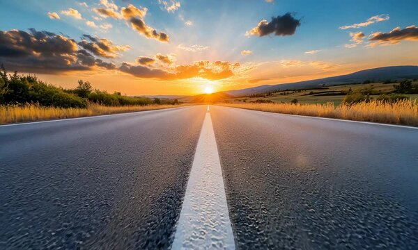 Empty asphalt road with white line in the middle leading to the horizon under a sunset with bright colorful clouds and sunbeams shining through the clouds.