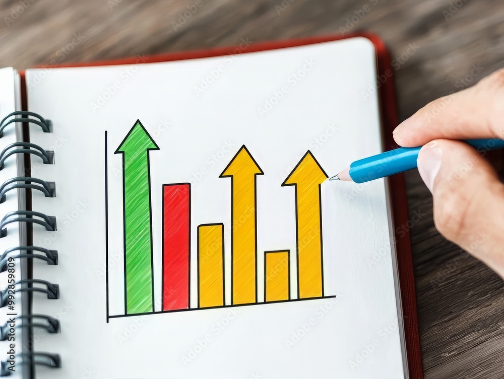 Poster a hand drawing a colorful growth chart on a notepad, representing progress and success in business a