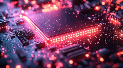 Obraz premium A glowing neon circuit board texture provides a futuristic cybernetic aesthetic, representing the intricacies of technology and electronics.