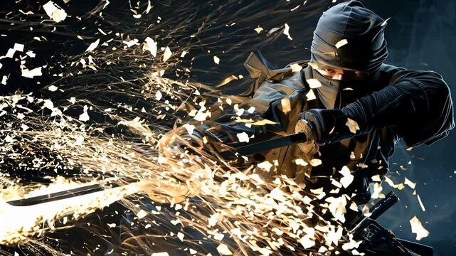 Ninja Warrior in Action: Sword Striking with Sparks Flying in Dark Background.