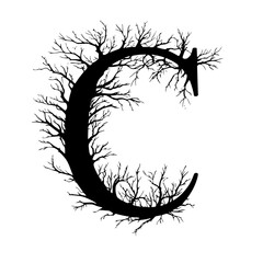 Letter C with Tree Branch Silhouette Art, A bold letter C intricately shaped with branching tree silhouettes, creating an organic and artistic black-and-white design.
