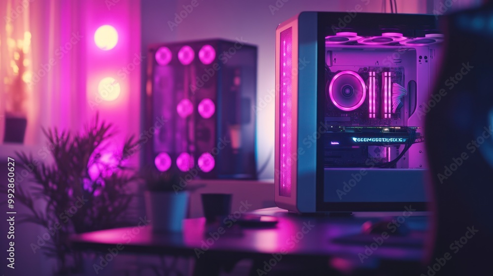 Poster a vibrant gaming setup featuring illuminated computer cases and ambient lighting.