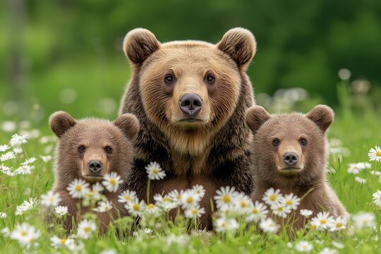 Three bears are laying on the grass. One of the bears is a mother bear and the other two are her cubs. Brown bear, mother with two cubs on green meadow with copy space.