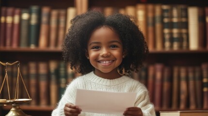 Cute dark skinned child smiling and holding court paper on table scales