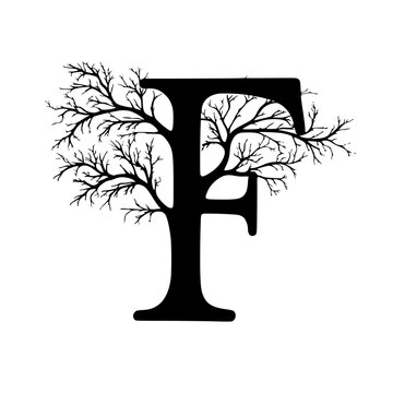 recommend clip art: Letter F with Tree Branch Silhouette Design, A bold letter F intertwined with intricate tree branches, creating a natural, artistic silhouette against a white background.
                    