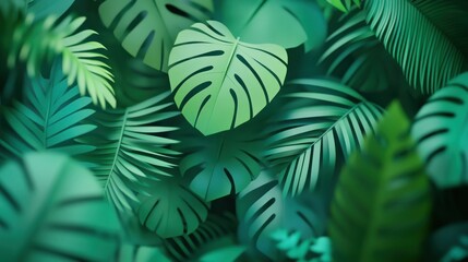 A vibrant arrangement of various green leaves in a lush, tropical setting.