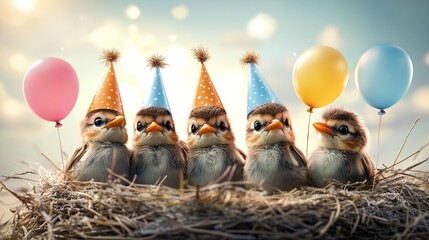 A group of small birds are sitting in a nest with balloons and party hats