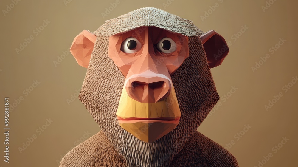 Poster a stylized, low-poly representation of a monkey's face with expressive features.