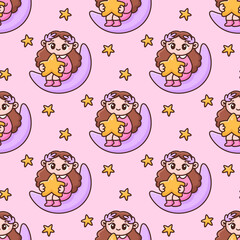 Seamless pattern with cute fairytale girl. Sweet little girl sits on the moon with star in her hands on pastel sky