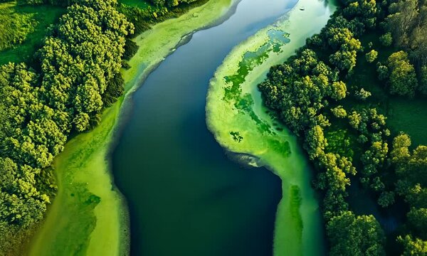 Aerial view of a green river with lush forest on the banks, a green algae bloom forming a natural pattern in the water.