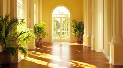 Bright hallway with large windows and potted plants, creating a serene atmosphere.