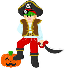 Halloween pirate boy with a sword and Jack-O’-Lantern pumpkin