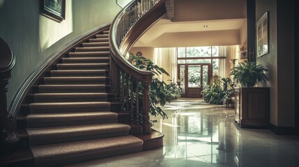 Elegant interior with a grand staircase and lush plants, creating a welcoming atmosphere.