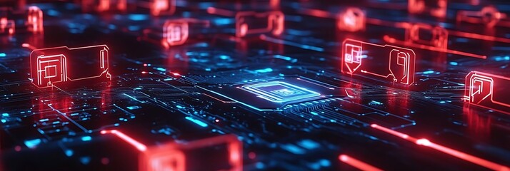 Obraz premium 3D Illustration of Futuristic Technology Background with Circuit Board, Microchip, and Data Flow