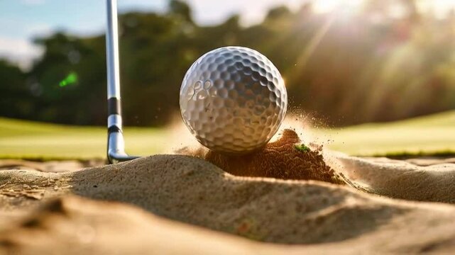 A golf ball poised on sand, ready to be struck by a club in a sunny outdoor setting.