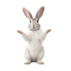 Cute White Rabbit Standing On Hind Legs With Raised Paws On White Background