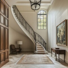 Elegant staircase in a spacious foyer with natural light and classic decor.