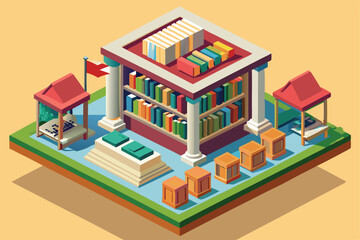 Fototapeta premium A lively isometric library design showcases colorful books, reading spots, and outdoor tables, Customizable isometric illustration of a library.