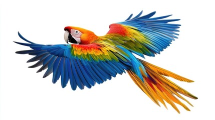 Fototapeta premium A vibrant scarlet macaw with blue and green wings in mid-flight against a white background.