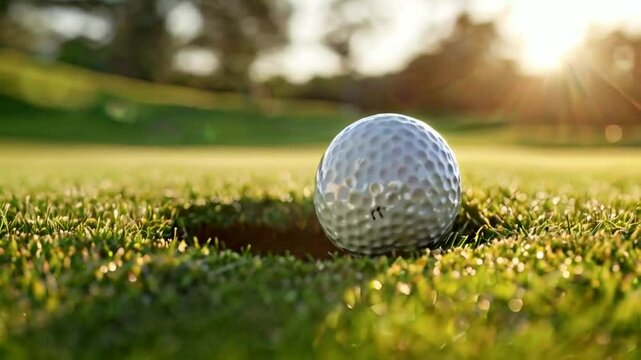 A close-up of a golf ball near a hole on a green, illuminated by sunset.