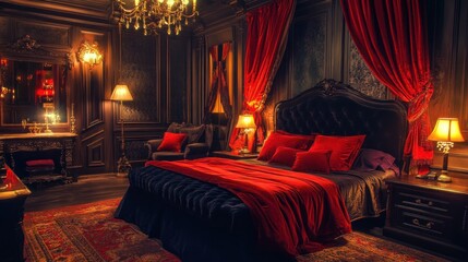 Fototapeta premium A luxurious bedroom with rich decor, featuring dark colors and elegant furnishings.