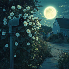 Obraz premium a bunch of moonflower bloom under a mailbox in a suburban neighborhood. The moon is full.