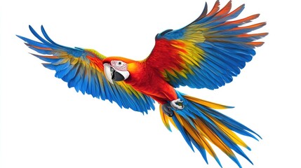 Fototapeta premium A vibrant scarlet macaw parrot in flight with its wings spread wide against a white background.