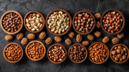 beautiful assortment of various nuts displayed in wooden bowls, showcasing rich variety of textures and colors. This delightful mix includes almonds, hazelnuts, and peanuts, perfect for snacking