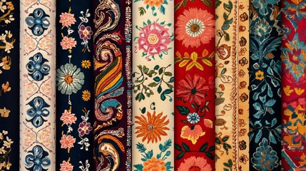 Paisley, floral, ikat, and Aztec patterns adorned with ethnic embroidery borders.