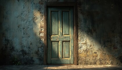 Old wooden door slightly ajar, eerie light coming through, 3D Render Blender Style, middle shot, isolated background, with space for text.