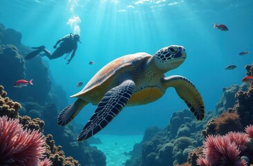 Fototapeta premium A large turtle swims underwater, surrounded by other fish and beautiful reefs, a diver swims in the background and watches the marine life. Generative AI tools