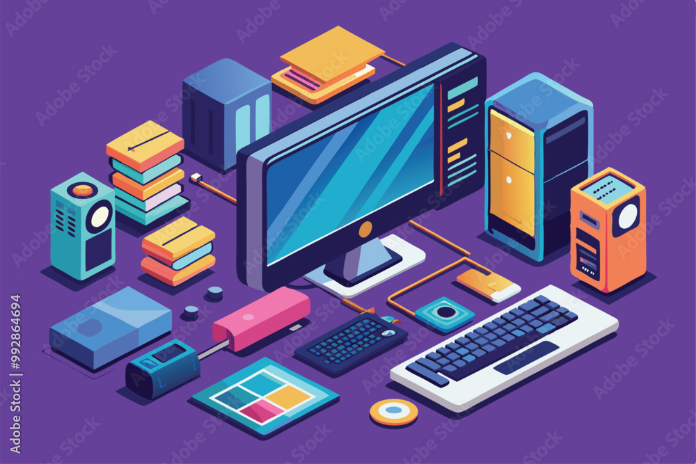 Aufkleber a vibrant isometric view showcases a modern workspace featuring a computer, keyboard, and colorful s
