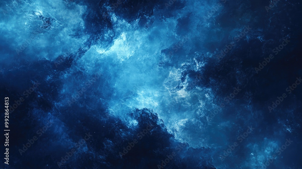 Poster blue toned space fantasy artwork featuring a gradient of brightness from light to dark evoking a spo