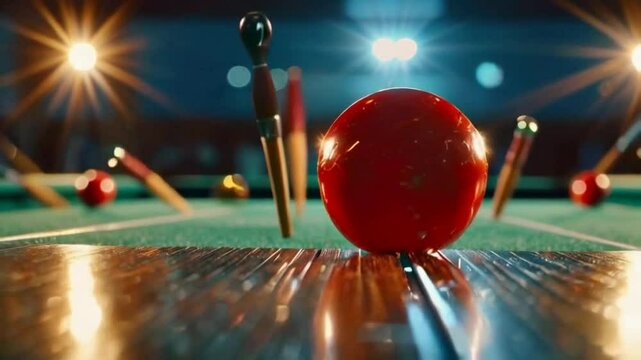 A close-up of a red billiard ball on a pool table with cues in the background.