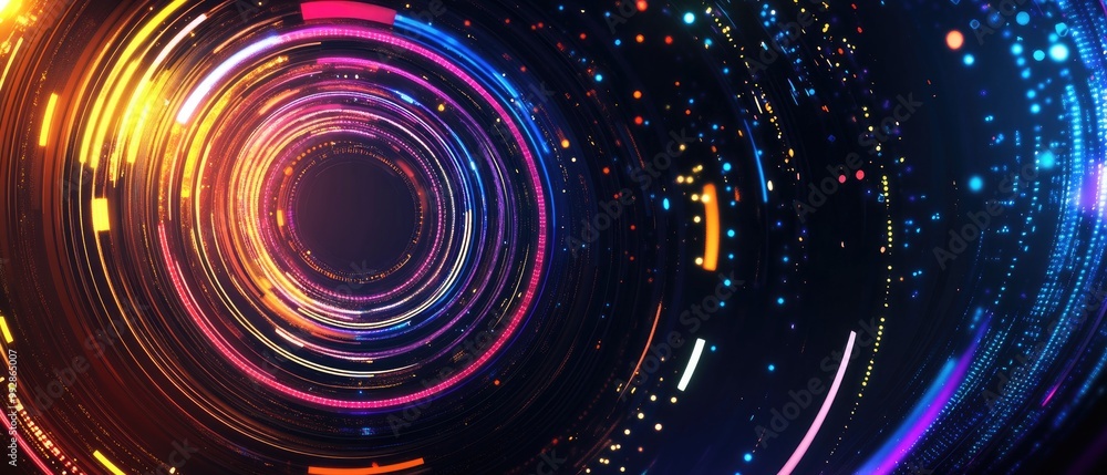 Poster futuristic abstract background featuring dynamic geometric shapes vibrant rainbow circles and stripe