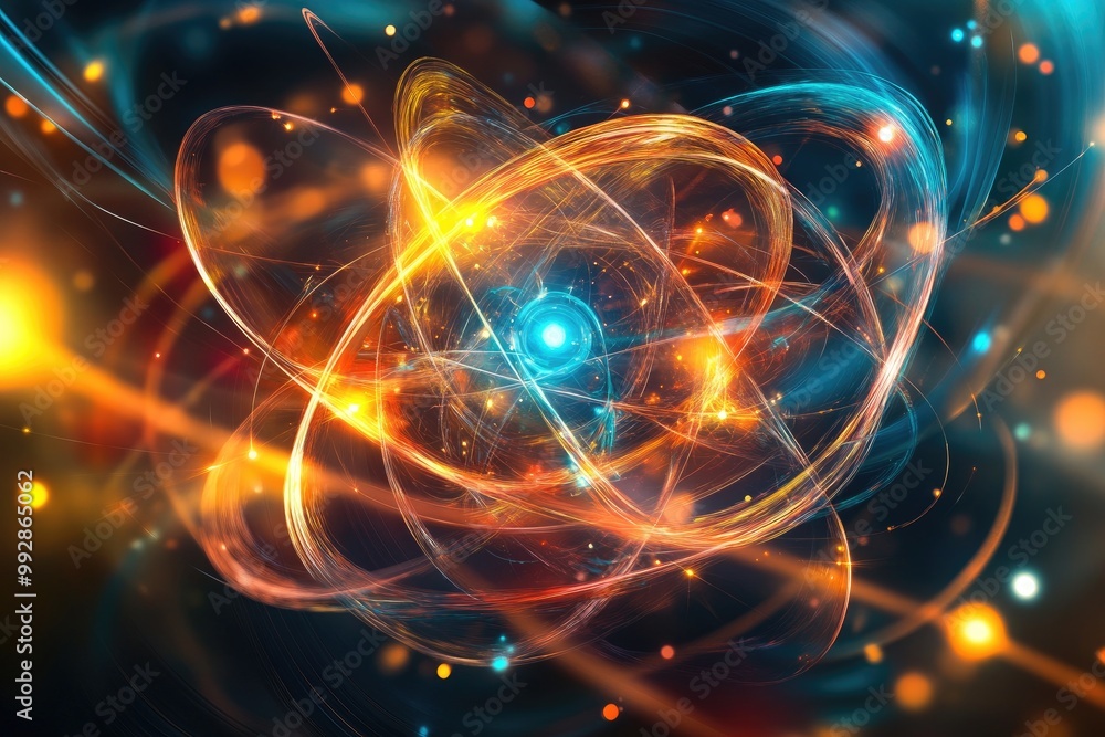 Poster vibrant flowing lines converge at a point resembling an atom s structure