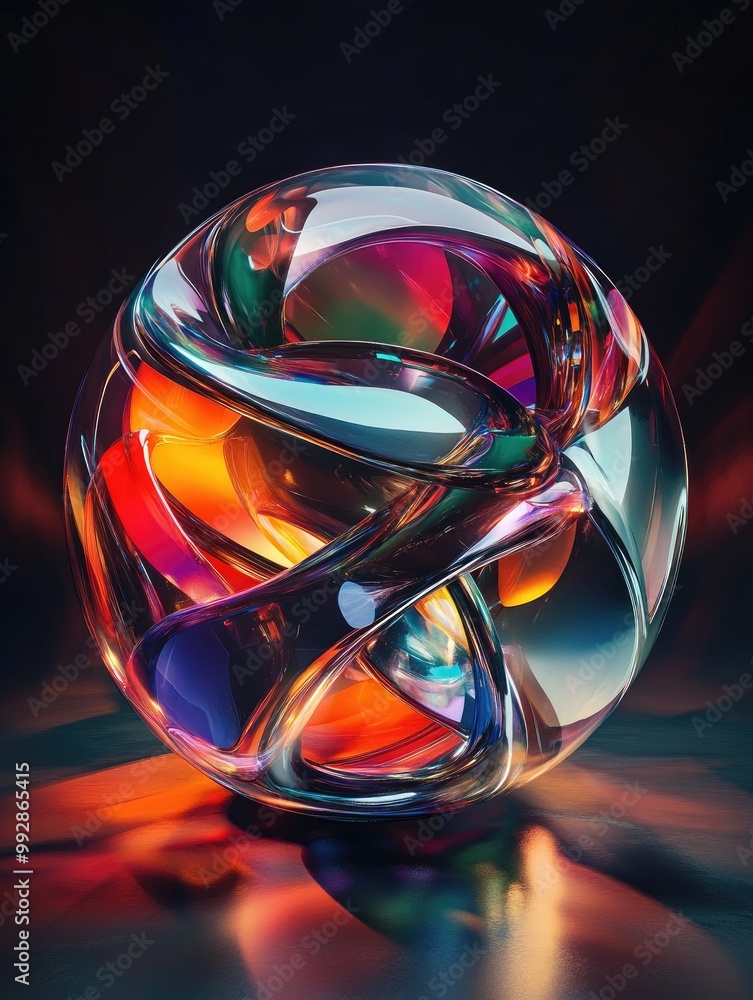 Aufkleber surreal 3d rendering of an abstract sphere featuring organic curves shiny glass metal and plastic sh