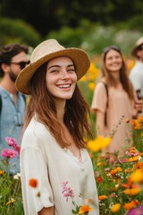 A Group Of Friends Walking Through A Field Of Wildflowers, Laughing And Taking Photos. The Colorful Blooms Create A Cheerful