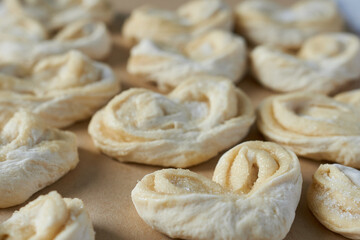 Yeast dough buns on baking paper. Selective focus.