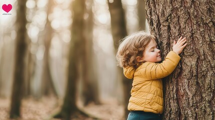 A child hugging a large tree in an ancient forest, symbolizing forest preservation