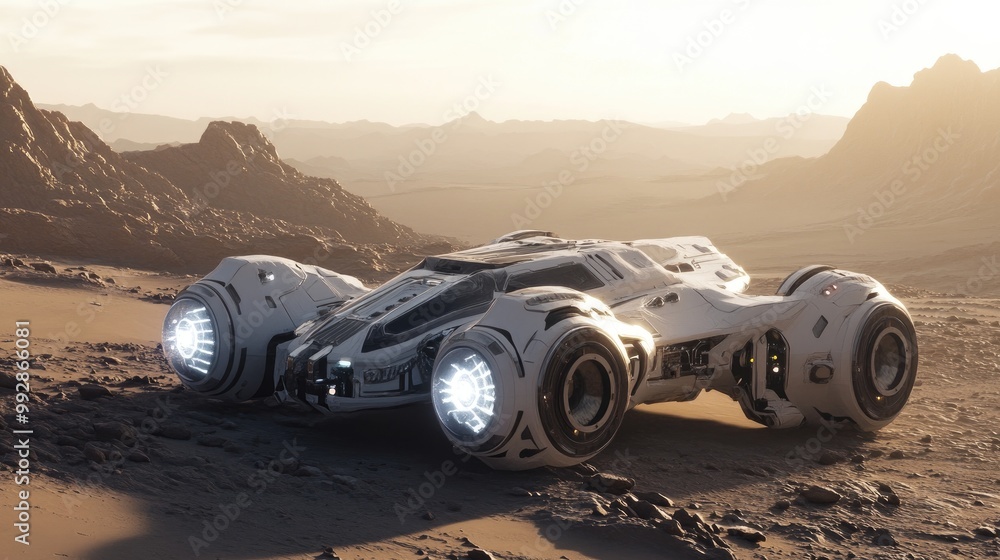 Poster embark on a space adventure with a charming futuristic vehicle in this captivating 3d rendering expe