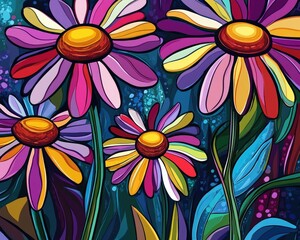Colorful chamomile floral illustration featuring psychedelic multicolored line art in a 2D cartoon style