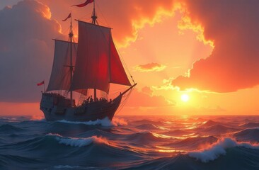 Fototapeta premium Wooden Viking ships on the open sea. Middle Ages. Computer game and illustration for children's book. Generative AI tools