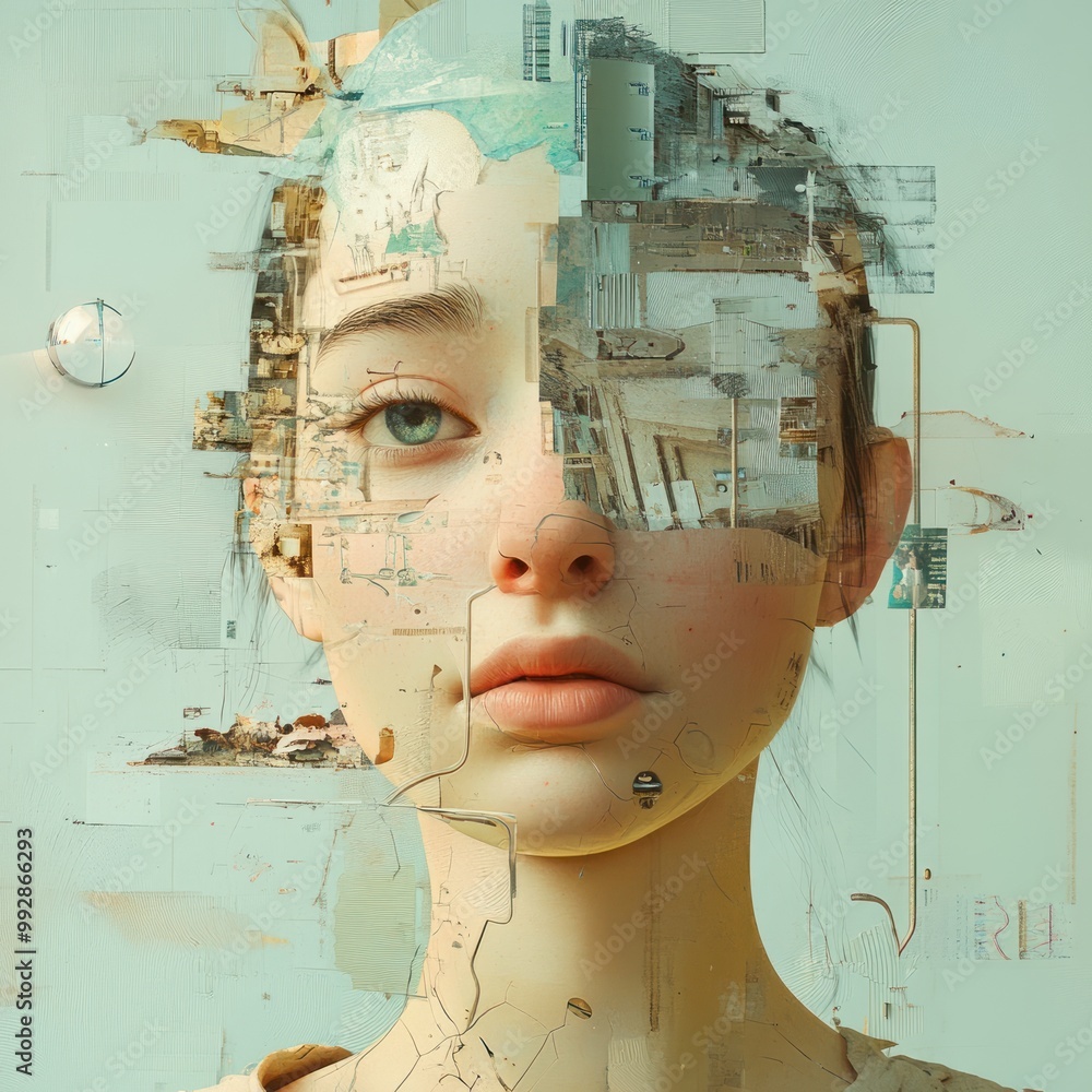 Poster a surreal portrait blending human features with abstract elements and digital textures.