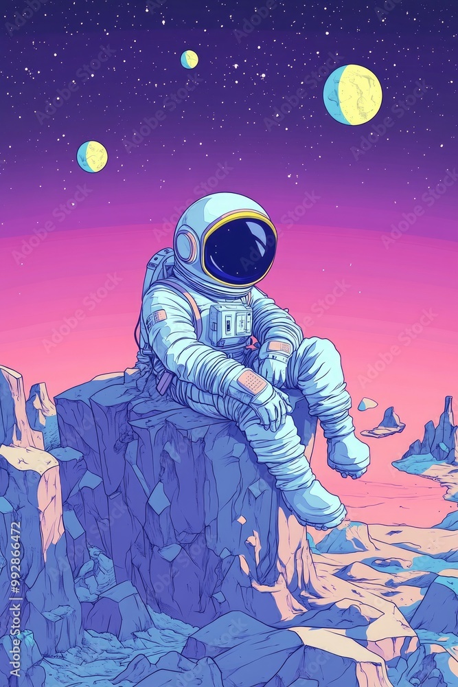 Poster astronaut on an extraterrestrial world in a distant galaxy a space explorer in a suit and helmet res