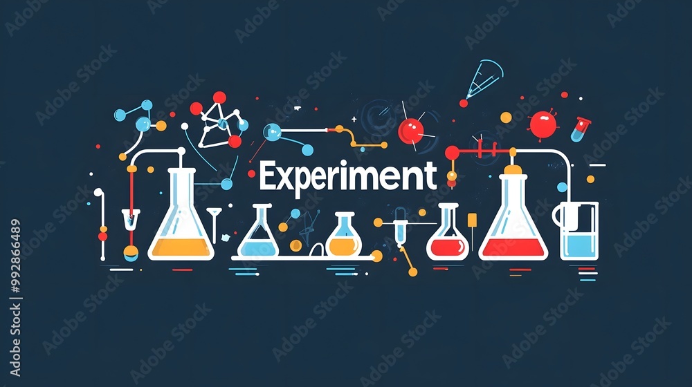 Poster scientific experiment with flasks and beaker on dark background