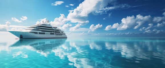Majestic cruise ship on the tranquil, turquoise waters of the Maldives, reflecting the perfect blue sky.
