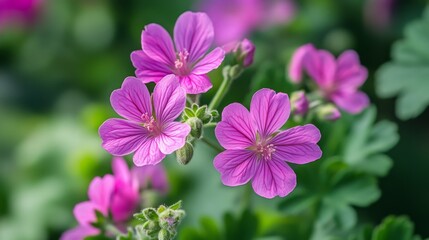Fototapeta premium Pelargonium capitatum, a species of rose-scented geranium, blooms with purple flowers in October.