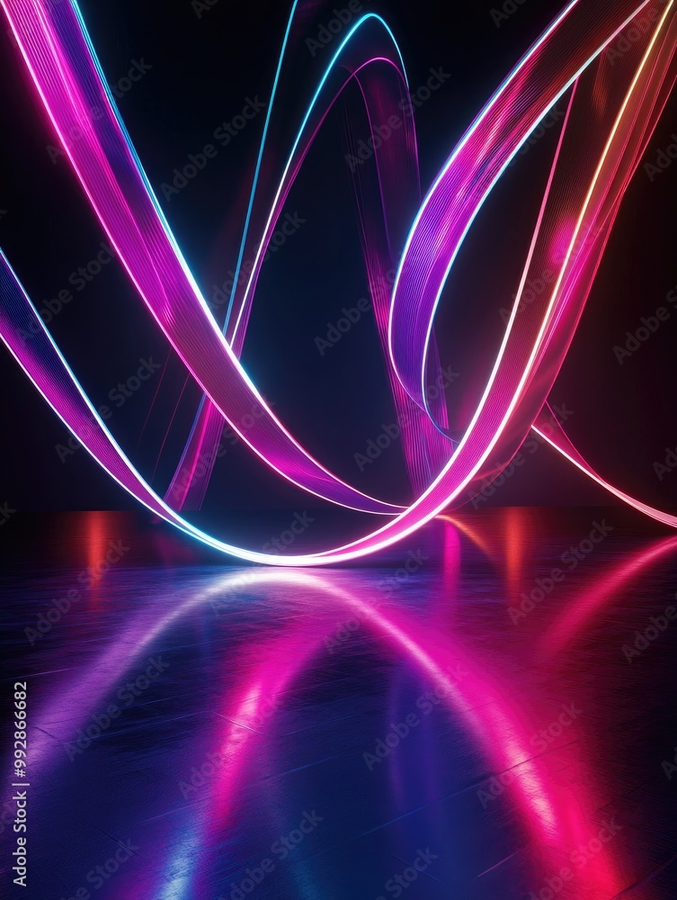 Poster abstract 3d rendering of dynamic neon lines twisting and glowing in a dark space with reflective flo