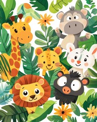 Naklejka premium Adorable cartoon style jungle animals designed as wild creatures perfect for background illustrations or zoo themed projects